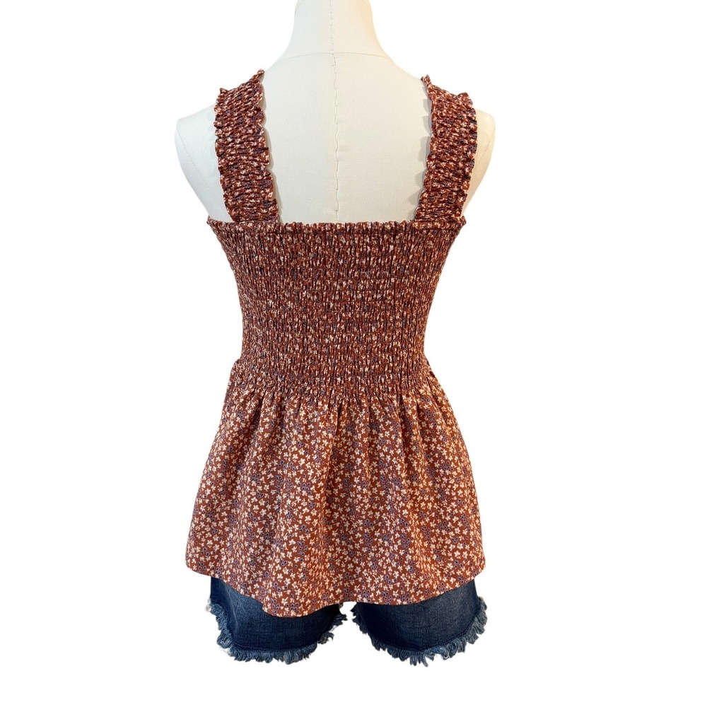 Smocked Ditsy Floral Peplum Tank Top Rust Brown Medium Cottagecore Prairie Boho - Picture 2 of 9